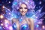 Placeholder: beautiful bright fairy cosmic women with cosmic hair, crystal jewel and dressed with a magic crystal suit. she has light make up and a sweety smile