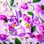 Placeholder: a bottle for cosmetics and a cream jar, behind a beautiful floral purple background, a picture top view, in the background there are beautiful spring flowers and a drop of cream, high-quality picture, top view