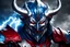 Placeholder: silver and crimson lightning demon knight, blue thundering horns, a silver mask that covers the lower face