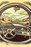 Placeholder: A vintage car phone with a curly cord, attached to the dashboard of a classic automobile. A scenic mountain highway stretches out in the background through the open window. Style: Retro travel, Mood: Adventurous, Lighting: Warm sunlight streaming through the window, T-shirt design graphic, vector, contour, white background.