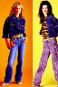 Placeholder: year 1996 denim fashion. Loose fit, low waist, baggy. Colors: denim blue, blue, purple, khaki, light green, lilac, plum, orange, terracotta, red, pink, dark blue, beige. Patterns: cheetah, balls, stripes. Women models. Sharon Stone, Sandra Bullock, Winona Ryder, Milla Jovovich, Big tennis shoes on.