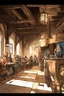 Placeholder: Night, shades of blue, dark, moonlight Lots of People sitting around tables in a medieval tavern with a stone floor, add people to the chairs. Night time, dark, moon, stars