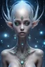 Placeholder: full body gorgeous ethereal alien female, looking down, body piercings and jewelry, beautiful face, mesmerizing starry eyes, smooth translucent skin, transcendental