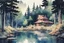 Placeholder: retro anime style, full color, dark serious 1980s anime style, A lake in the forest near a cottage, watercolor, forest,