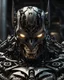 Placeholder: Ultra-detailed rendering, Batman, close-up shot, face-skull-like mech with a menacing and formidable appearance, dark and shadowy color scheme, piercing white eyes, intricate mechanical design, high-resolution image capturing the complex fusion of human and machine