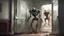Placeholder: TALL NASTY ALIEN robot smashing its way though a door window, inside the house, a terrified british soldier hides from the creature behind a counch