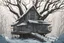 Placeholder: winter tree house , overgrown apocalyptic background, comic book,