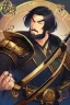 Placeholder: A handsome 30 year old man, black hair, male bob haircut, in black-and-gold plate armor, golden katana in both hands