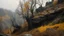 Placeholder: A dark, moody landscape with a rocky cliff face in the foreground, partially obscured by twisted, bare tree branches, the background featuring a hazy, autumnal scene with hints of yellow and orange foliage