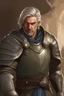 Placeholder: {{Man}}, Male, Ruggedly Handsome, Silver Hair, Short Hair, Adult, Ray Stevenson, {{Blue Eyes}}, Armor, Olive Skin Tone, Knight, Digital Art