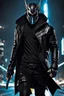 Placeholder: Full body,Half-cyborg demon male cyberpunk assassin wearing a metal mask, black jacket,walk in night city background