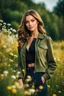 Placeholder: fullbody close up shot of young-beautiful-girl-with-a-perfect-face wearing pants and thight blouse and jacket spory shoes, country side green field flowers day lights