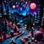 Placeholder: Detailed creepy landscape made of modeling clay, train, stars and planets, Tim Burton, strong texture, extreme detail, Max Ernst, decal, rich moody colors, sparkles, bokeh, odd