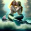 Placeholder: A beautiful portrait of a fusion of Scarlett Johansson and Elle fanning as a mermaid , leaning on a ships deck ,Rough sea in the background, a shark,snails, seashells (digitall art by Eugene de Blaas and Ross Tran, vibrant color scheme, highly detailed, in the style of romanticism, cinematic, artstation best quality, realistic lighting, masterpiece portrait, details light dusting , cowboy shot from above, simple chain hauberk Vector art digital illustration 3D shading )