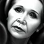 Placeholder: analog style, Beautiful photorealistic black and white close up face of carrie fisher, soft light, soft ethereal skin, rim lighting, sharp eyes, dark plain background