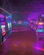 Placeholder: A dark photo of the corners of an 80's aesthetics arcade at night, with a lot of functioning arcade machines, a vaporwave floor and some colorful tiles in between the floor. Purple aesthetics. There are some pizza boxes over some of the arcade machines. The wall has a ticket shop who sells plushies, food and laser tag guns