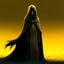 Placeholder: androgynous humanoid hare rogue, desert night scene, cloaked in wispy black vapor, Persian style loose-fitting yellow cloak, thin veil over face, thematic tone wash, characteristic comic style