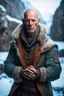 Placeholder: close up portrait of psionic bruce willis ancient half elf half orc shaman thief in inviting pose on ice stone bridge wearing winter jacket, book cover