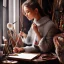 Placeholder: Close up of Beautiful female artist painting a self portrait in her attic studio, dramatic light, shadows