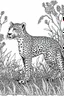 Placeholder: Outline art, cheetah standing in the bush, full body, cartoon style, black and white, low detail, no shading, --ar 9:11