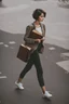 Placeholder: color photo of a student girl 22 years old ,short hair with her books in her hand walking in street,next to trees.