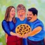 Placeholder: Three happy people eating pretzel pizza,oil painting