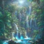 Placeholder: turquoise neon waterfall with palm trees sparkling at night in a cave detailed realistic glowing