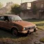 Placeholder: an 1990 Audi rust 2-door overgrown by with dust ,ultra realistic,concept, 4k ,on street,8k resolution, high-quality, fine-detail, parked in crowded city winter