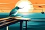 Placeholder: Create an illustration of a bird with a broken wing lying limp on the edge of the pier and looking at the view of the sea and sunset