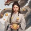 Placeholder: Bitcoin cryptocurrency in the hands of a traditional chinese girl, dragon