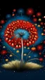 Placeholder: A whimsical and captivating illustration of a magical dandelion with a wish-blown seed head. The seeds range from a deep red to a fiery orange, gradually transitioning to a vibrant blue at the tips. The dandelion's center is adorned with intricate patterns and tiny details, creating a mesmerizing cluster of petals. The scene exudes a magical aura, as if fairies and sprites are dancing around the dandelion, celebrating the wishes being sent forth with the dispersed seeds.