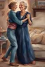 Placeholder: heartwarming cinematic illustration of a loving bond between a daughter and her elderly mother. The daughter, dressed casually in jeans and a blouse, has her arm wrapped around her mother's waist, while the mother, adorned in a bright, flowing gown, gracefully guides her through the dance. Their faces are a picture of joy, with the mother's radiant smile and the daughter's beaming eyes reflecting the love they share. The cozy living room, adorned with cherished family photos and decorations, cre