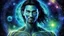 Placeholder: beautiful gorgeous young man na'vi with long hair, Avatar, blue skin, two small ears, green eyes, black hair, in cosmic suit, galactic ambiance, medium pointy goatee , smiling, nebulas and sacred geometry light figures on the backgroud,