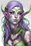 Placeholder: Generate a female elf with pale green skin, purple flowing hair and a few tribal tattoos on her face.