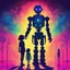 Placeholder: psychedelic colorful silhouette, robot holding hands with little girl, moody