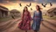 Placeholder: Hyper Realistic Young-Happy-Pashto Women wearing checkered-patterned dress in a village at cloudy sunset with birds flying with dramatic ambiance