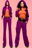 Placeholder: year 1999 women fashion low waist light trousers, t-shirt that has a new kind of hoodie with high tippet, which turns down along zipper! Colors: all denim colors, purple, khaki, lilac, plum, orange, terracotta, red, pink, dark blue, beige. Patterns: lynx, balls, stripes. lynx belt. starling or owl prints. Women models. Missy Elliot, Sandra Bullock, Milla Jovovich, Big tennis shoes on. Latex, denim and leather. Hat with a visor, integrated to AKG-style headphones.