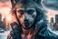 Placeholder: double exposure, Wolf Man, man, city, sunset, snow, rain, wind, fantasy, mystical, tattoo, vertical pupils, high detail, high resolution, 8K