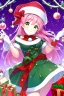 Placeholder: cute anime girl, wearing classic Christmas hat, smiling, green eyes, medium pink hair with purple gradient, Christmas background with trees and lots of snow