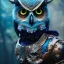 Placeholder: Anthropomorphic blue owl, big green eyes, lots of details, portrait, finely detailed armor, cinematic lighting, intricate filigree metal design, 8k, unreal engine, octane render, realistic, redshift render