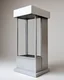 Placeholder: Inspired by Mark Rothko, gestalt theory, silver mean, intricate brutalist miniature porcelain sculpture of vacant street commercial kiosk on legs, circa 2000, in a contemporary urban art gallery, pure and clean materials. Eye-catching, vivid, product-focused, sharp focus.