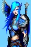 Placeholder: a person in runic armor with blue wings, blue short hair, runic tattoo and spell book