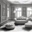 Placeholder: A living room with armchair and fancy stools. pencil sketch