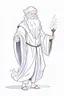 Placeholder: Disney style, white hair, white skin, white beard, coloring book, minimalism, simple lines, white background, STICKER, WHOLE BODY, A CUTE man with staff in his hand, long white beard, flowing hair, and long tunic, sandals, open arms, A detailed illustration, in the style of Studio Ghibli, 3D vector art, cute and quirky, fantasy art, Adobe Illustrator, hand-drawn, low-