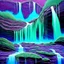 Placeholder: Three mesmerizing upside-down waterfalls cascade gracefully in a surreal alien realm. The water flows upward, defying gravity in a stunning display of otherworldly beauty. This detailed painting captures the vivid hues of emerald and turquoise water against a backdrop of shimmering violet rocks. Each waterfall is intricately depicted, with intricate patterns and textures that draw the viewer in. The overall effect is a masterpiece that seamlessly combines fantasy and reality in a way that is tru