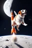 Placeholder: white and orange dog flies to the moon on top of the a rocket, writes, in space, realistic, 4k, Cinematic,