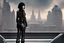 Placeholder: girl wearing black leather, shoulder-length bob, with fringe, in a science fiction building looking out over a large city