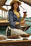 Placeholder: A Woman with pistol and a table bottle of wine on a boat digital art