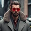 Placeholder: a young man with big muscles who looks like hans gruber wearing a heavy coat and red sunglasses staring with an angry look on his face