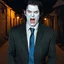 Placeholder: very grainy discolored 2000s photo, closeup portrait, dark night alley with no lights, grunge, extremely gaunt male with chalk-white skin wearing a striped suit with a blue tie, angry, imposing, fiery look in the eyes, bruja, biker